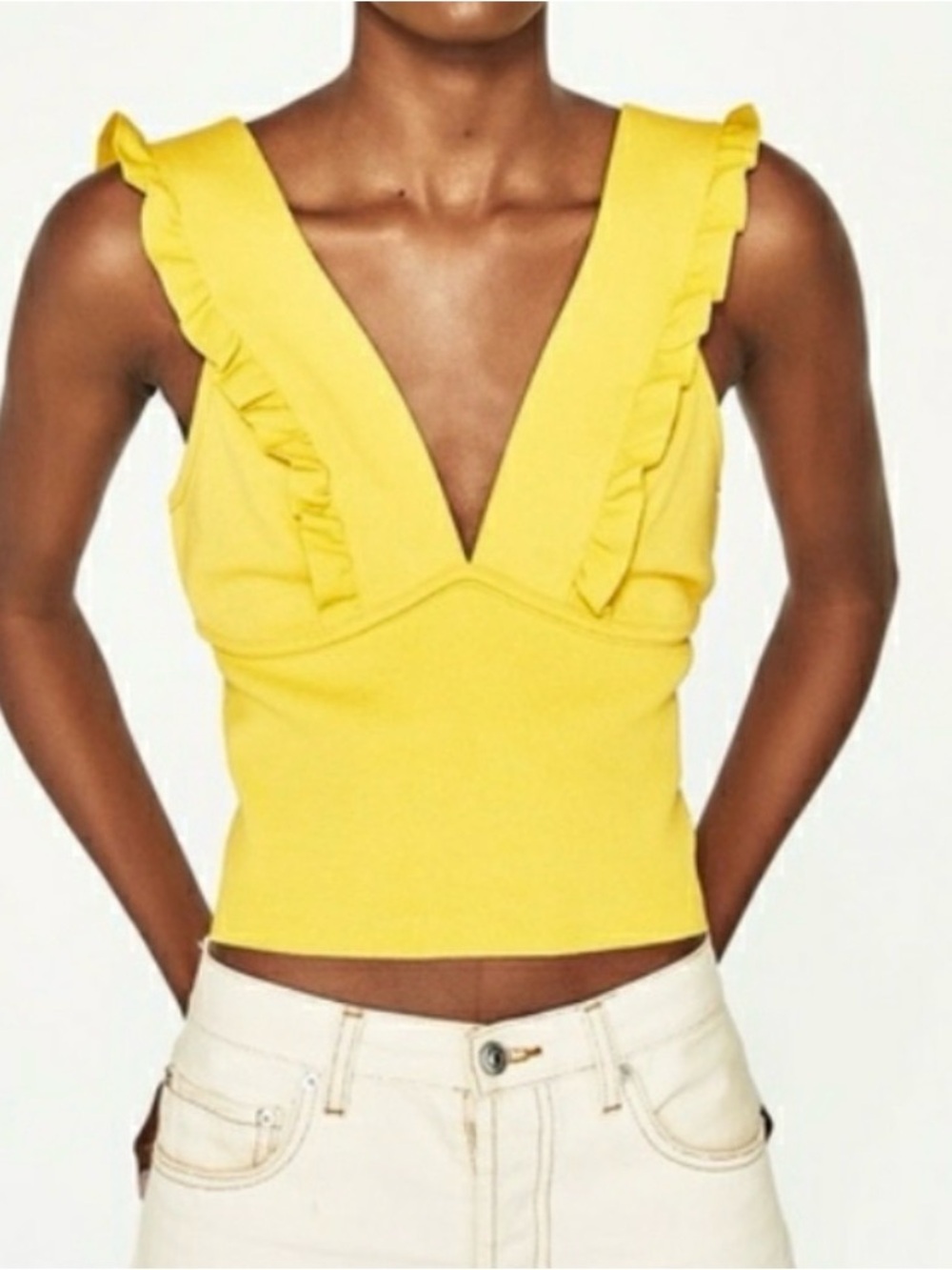 Zara Yellow Ruffle Deep V Crop Tank